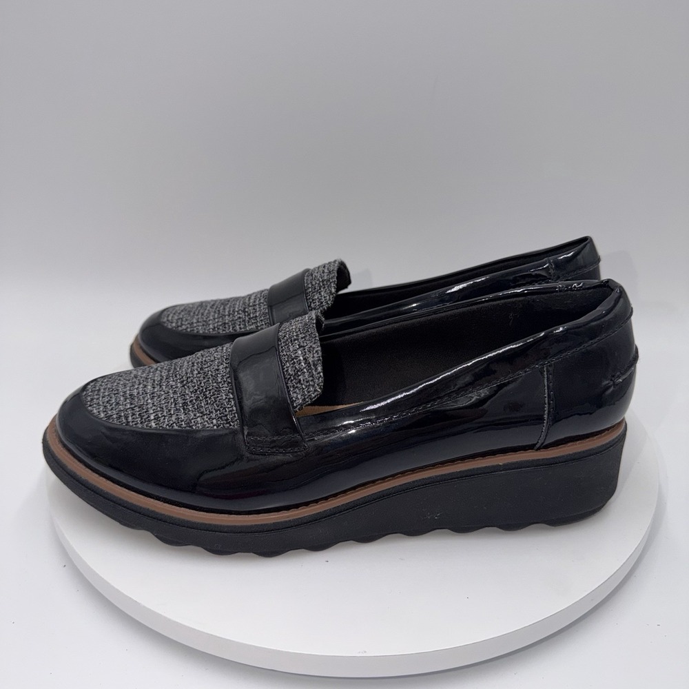 Clarks Sharon Gracie Women's Size 9 Tweed Patent Leather Loafers Preppy Academia